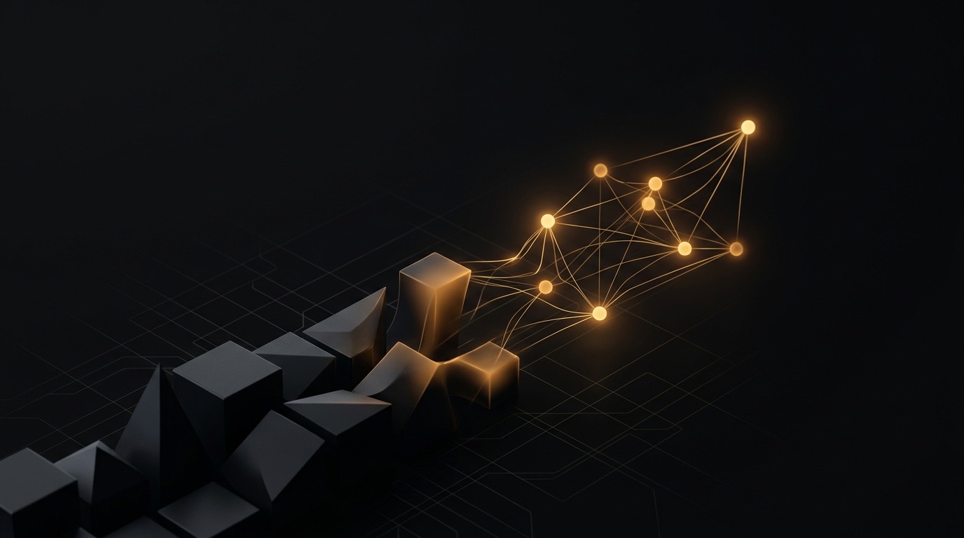 Blocos geométricos escuros se transformando em nós de IA conectados em âmbar, representando investimento em automação virando valor