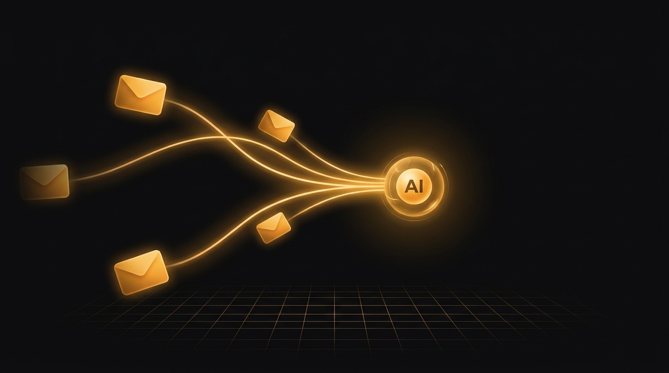 Envelopes luminosos fluindo por trilhas de luz âmbar até um núcleo de IA, representando automação de leitura de e-mails